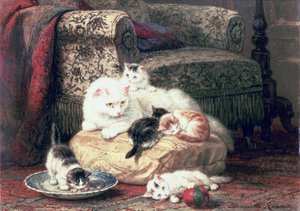 Cat with Her Kittens on a Cushion